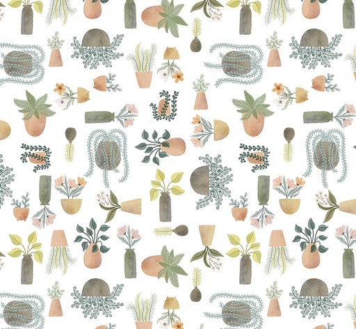 [WF-54589-1] Petal and Purr Potted Plants White by Whistler Studios for Windham Fabrics