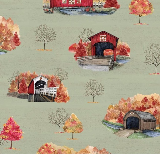 [RB-16210-SAGE] Covered Bridges in Fall Main Sage by Tara Reed for Riley Blake Designs