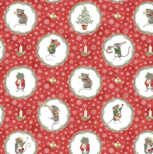 [NOR-28037-24] The Christmas Mouse Flannel Wreaths Red Multi by Sarah Summers for Northcott Fabrics