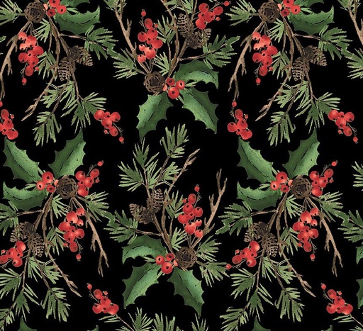 [HG-1883-99] Berry Chic Holly Bouquet Black Wide Back by Pattern Wheel Studio for Henry Glass Fabrics