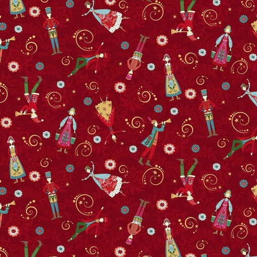 [HG-3451-88] Scandinavian Holiday Folk Art People Toss Red by Mary Jane Carey for Henry Glass Fabrics