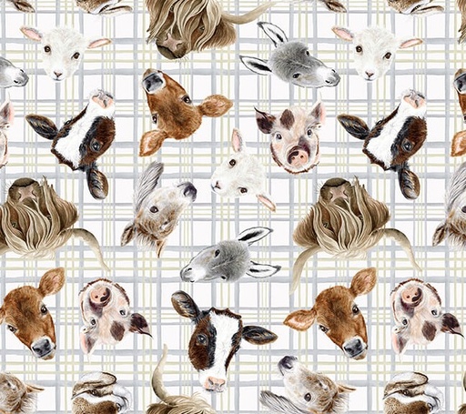 [BLAN-4386-01] Little Seedlings Farm Animal Heads White Plaid by Moque Lee for Blank Quilting