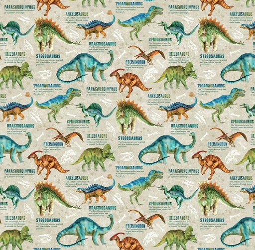 [NOR-28461-12] Dino Roar Dino with Words Beige by Brett Blumenthal for Northcott Fabrics