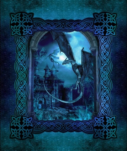 [ITB-1DRG-2] Blue Fury Large Castle Panel by Jason Yenter for In The Beginning Fabrics