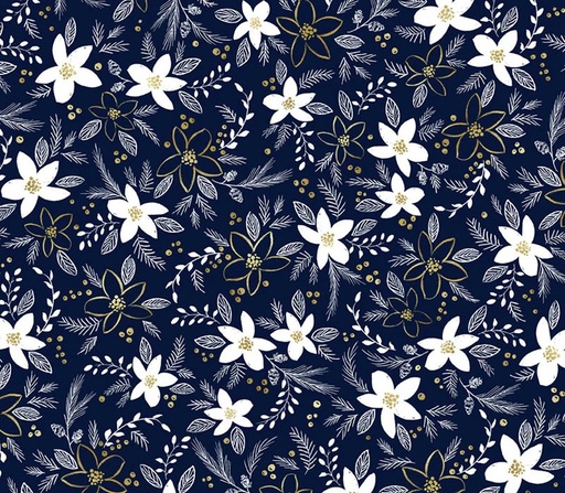 [PB-5892-N] Joyful Holiday Floral Toss Navy by Sara Berrenson for P&B Textiles
