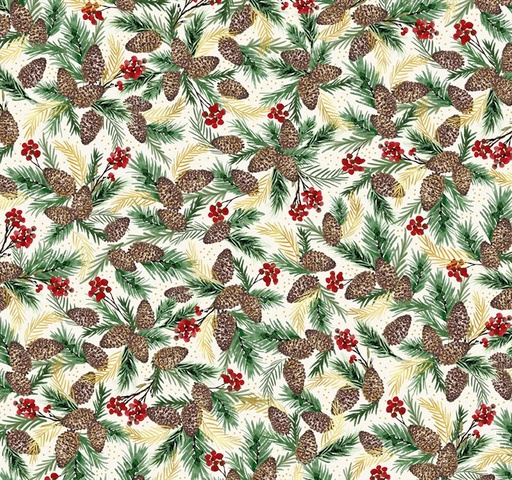 [PB-5890-E] Joyful Packed Pinecone Sprigs Cream by Sara Berrenson for P&B Textiles