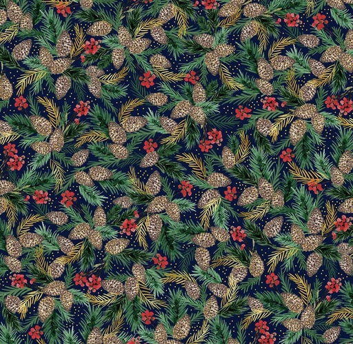 [PB-5890-N] Joyful Packed Pinecone Sprigs Navy by Sara Berrenson for P&B Textiles