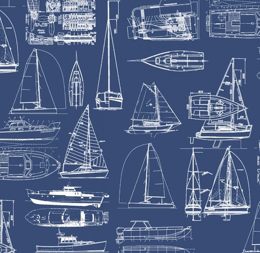 [3W-23759-NVY] Fair Winds & Following Seas Blueprints Navy by Michael Moon for 3 Wishes Fabrics