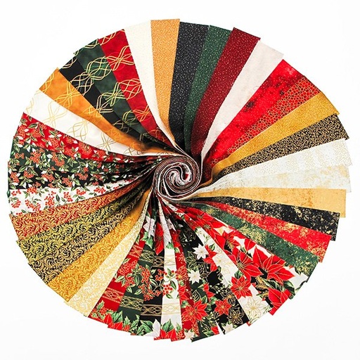 [HOF-JP12-47] Jingle Pop Gold Christmas 2 1/2" Strips w/Gold Metallic from Hoffman Fabrics