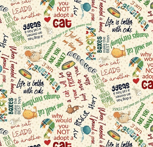 [BLAN-4427-44] Cat Hair Don't Care Words Ivory by Nidhi Wadhwa for Blank Quilting