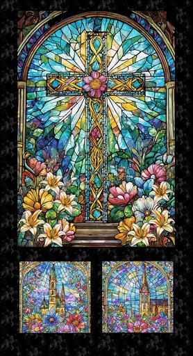 [HG-2186P-79] Faith in Full Color Window Panel Turquoise on Black from Henry Glass