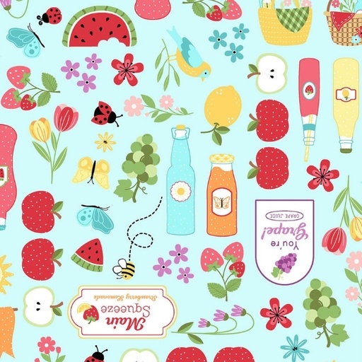 [MAY-11071-Q] Sippin' On Sunshine Focal Print Aqua Blue by Kimberbell for Maywood Studio