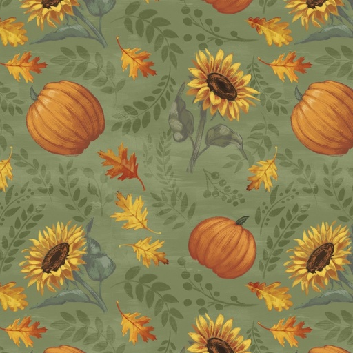 [LUM-W135-012-626] Harvest Delight Sunflowers & Pumpkins Green from Lumin Fabrics