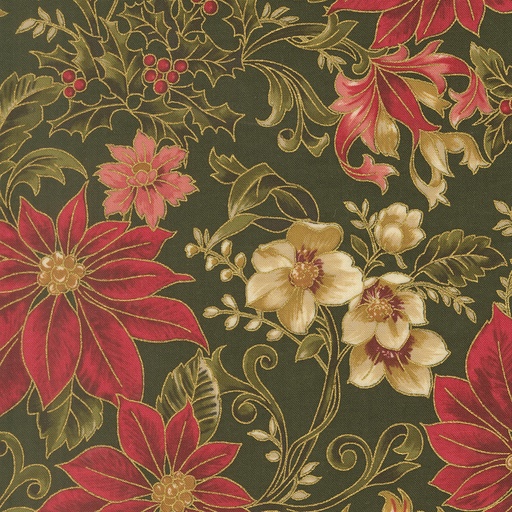 [MOD-33860-13M] Merry Manor Metallic 2025 Large Jacobean Poinsettias Evergreen from Moda Fabrics