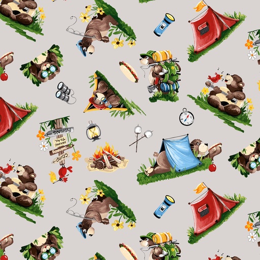 [COW-SB20454-150] Barron Goes Camping Campground Light Grey by Susy Bleasby from Clothworks