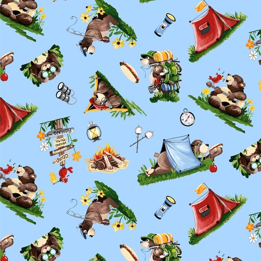 [COW-SB20454-710] Barron Goes Camping Campground Light Blue by Susy Bleasby from Clothworks