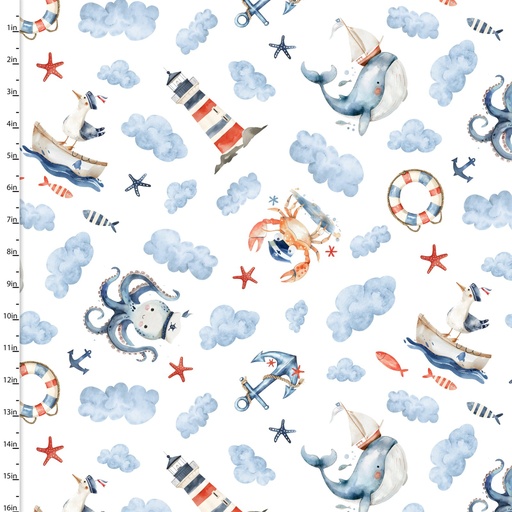 [3W-24527] Ahoy Mate Nautical Toss on White from 3 Wishes Fabric