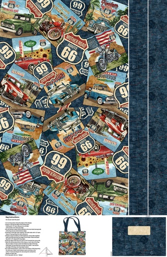 [NOR-C29249-48] Historic Route 66 Tote Bag Panel Navy Multi by Deborah Edwards and Melanie Samra for Northcott Fabrics