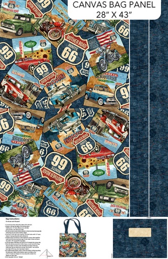 [NOR-C29249-48] Historic Route 66 Tote Bag Panel Navy Multi by Deborah Edwards and Melanie Samra from Northcott Fabrics