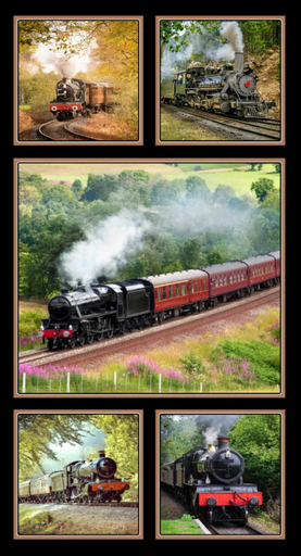 [KK-1098D] Steam Trains Panel Black from KK Fabrics