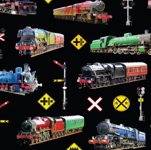 [KK-1098L] Steam Trains Signals Black from KK Fabrics