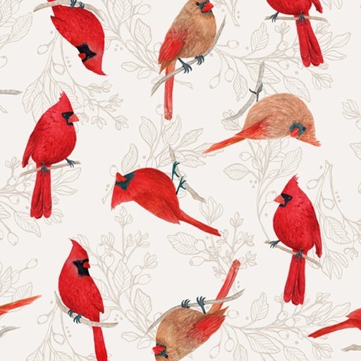 [STE-9276-38] Unexpected Red Cardinals Cream by Rebecca Canale from Studio E Fabrics